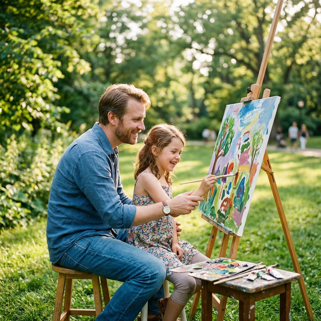 Father and daughter painting outdoors together — rediscovering real-world joy