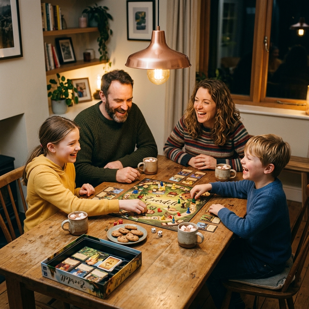 Family playing board games together during cozy game night — no screens needed