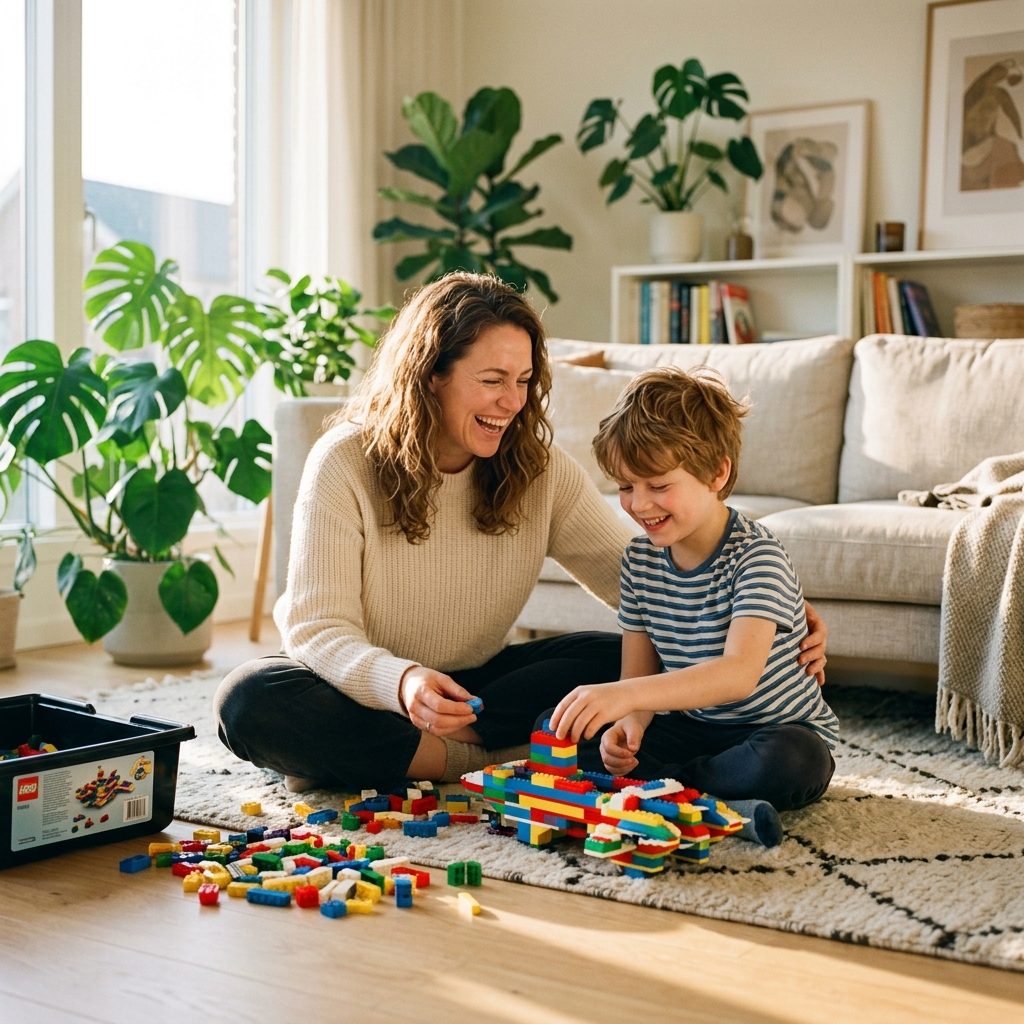 Mother and son building together, reconnecting without screens